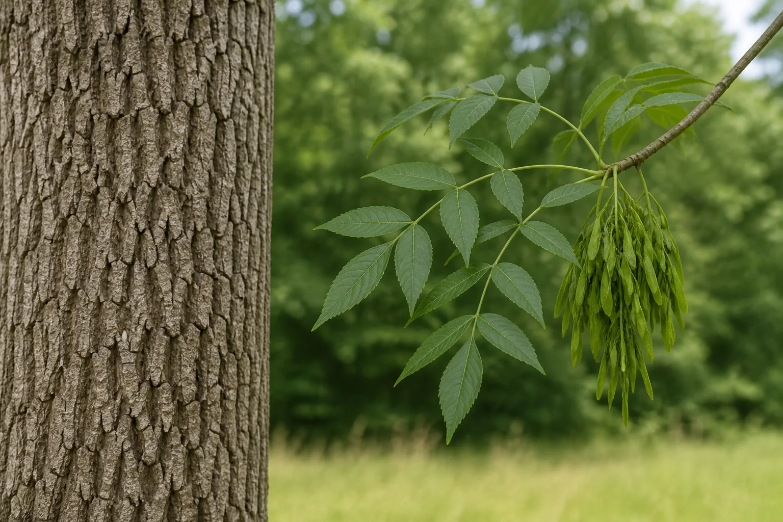 Ash bark beside a separate branch carrying pinnate leaves and hanging keys.