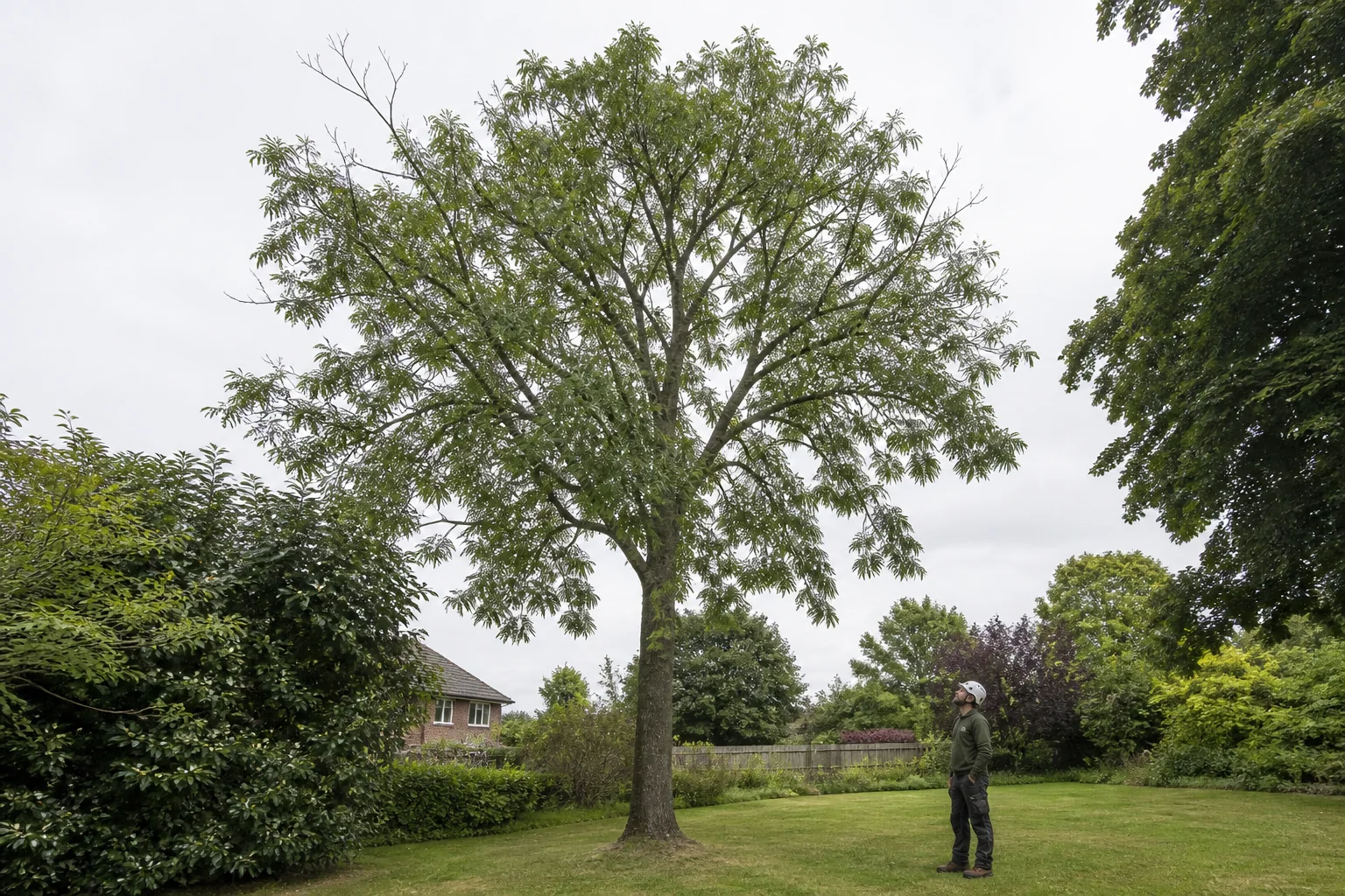 A mature ash tree with a thinning crown and dead shoots at the branch tips.