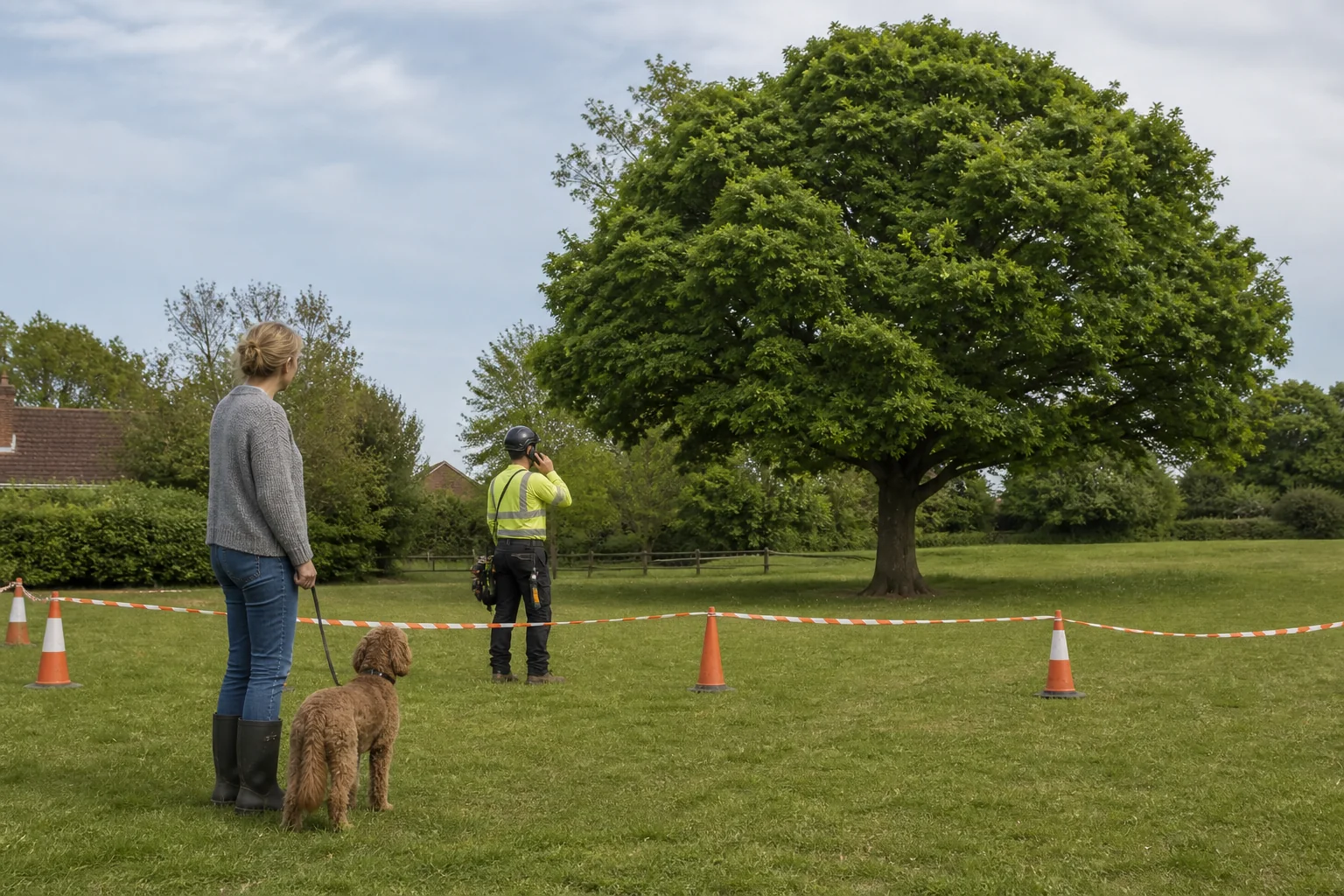 A homeowner and dog remain outside a barrier while an arborist checks an oak from a distance.