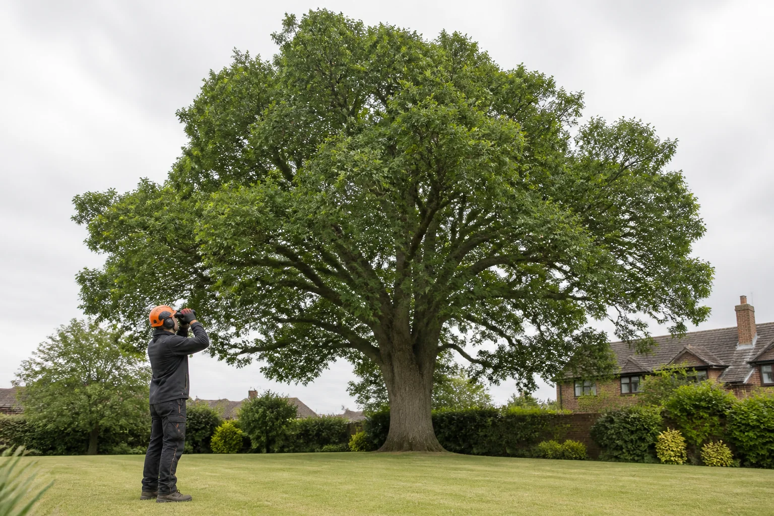 An arborist uses binoculars to inspect the crown of a mature oak from the ground.