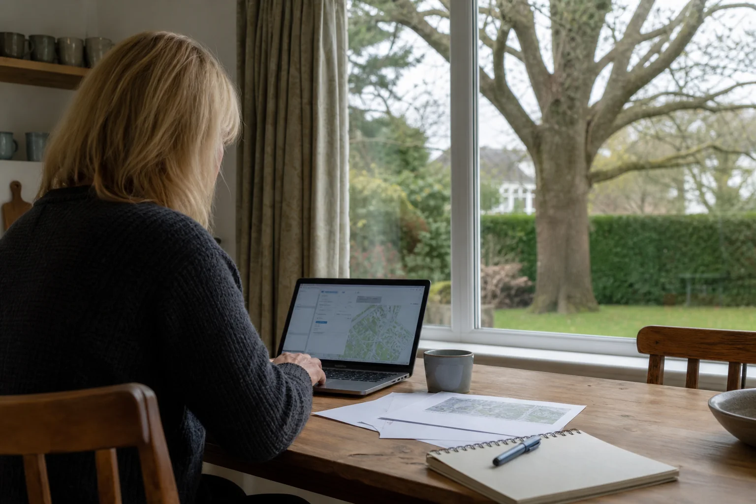 A property owner uses a laptop at a table with a mature garden tree visible through the window.