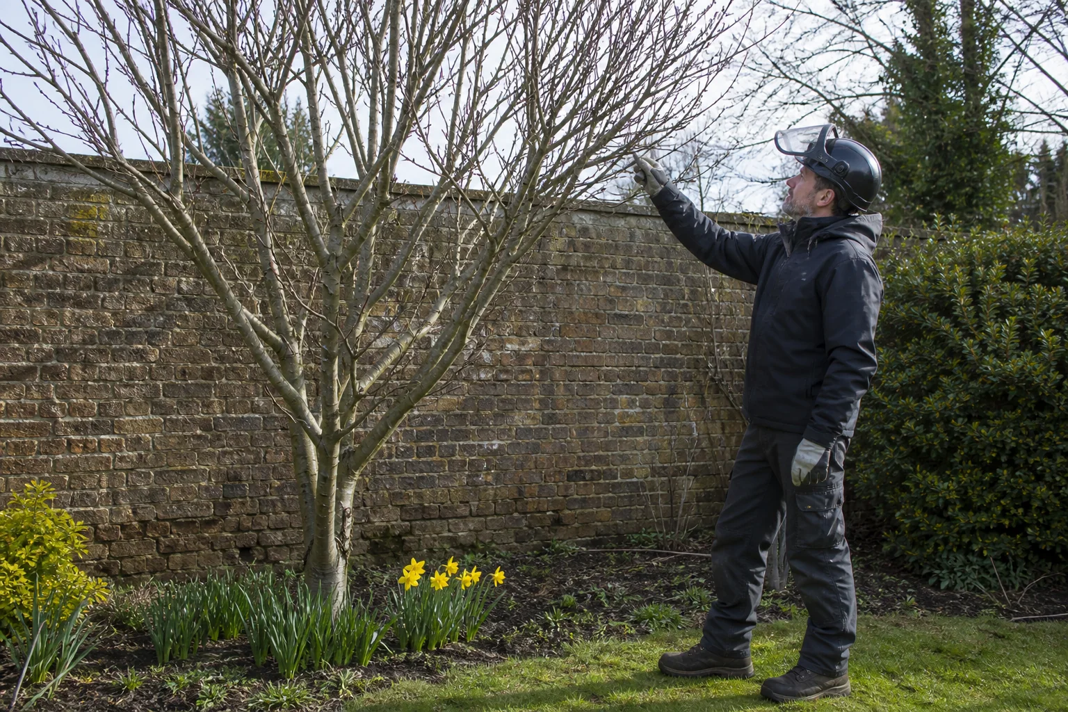 An arborist examines the branch structure of a leafless garden tree.