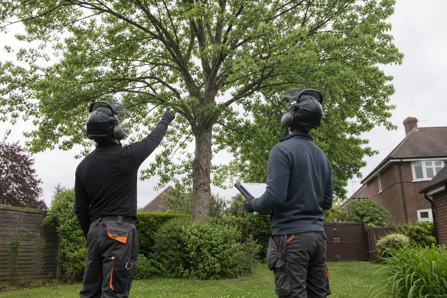 Two arborists assess the crown of a mature leafy tree from the ground.