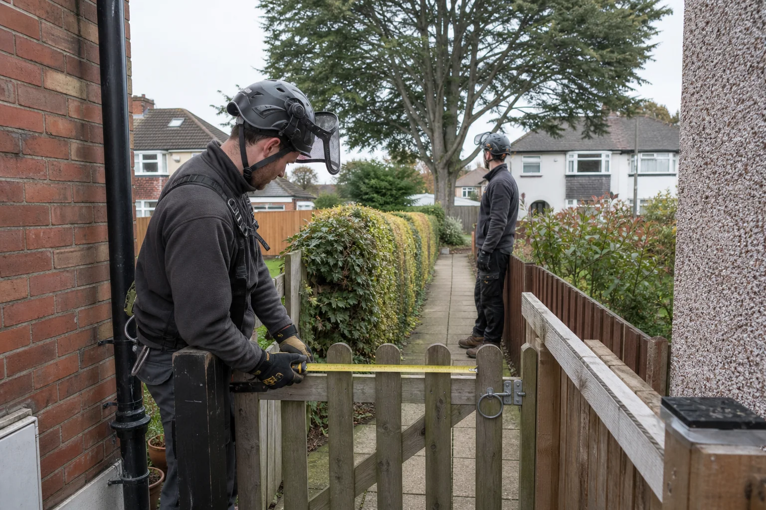 An arborist measures a narrow garden gate while a colleague checks the route to a large tree.