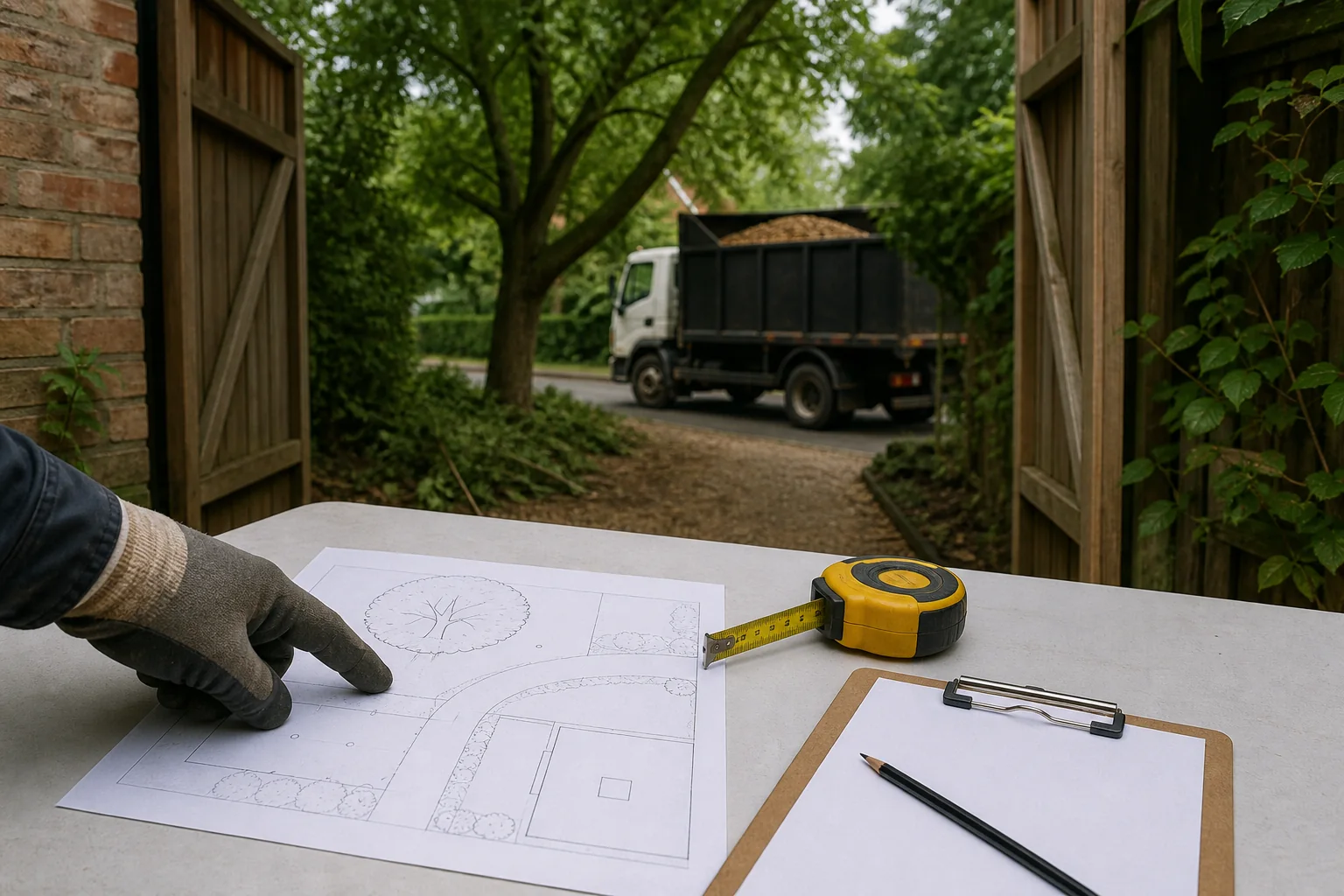 A gloved hand points to a site sketch beside a tape measure and clipboard.