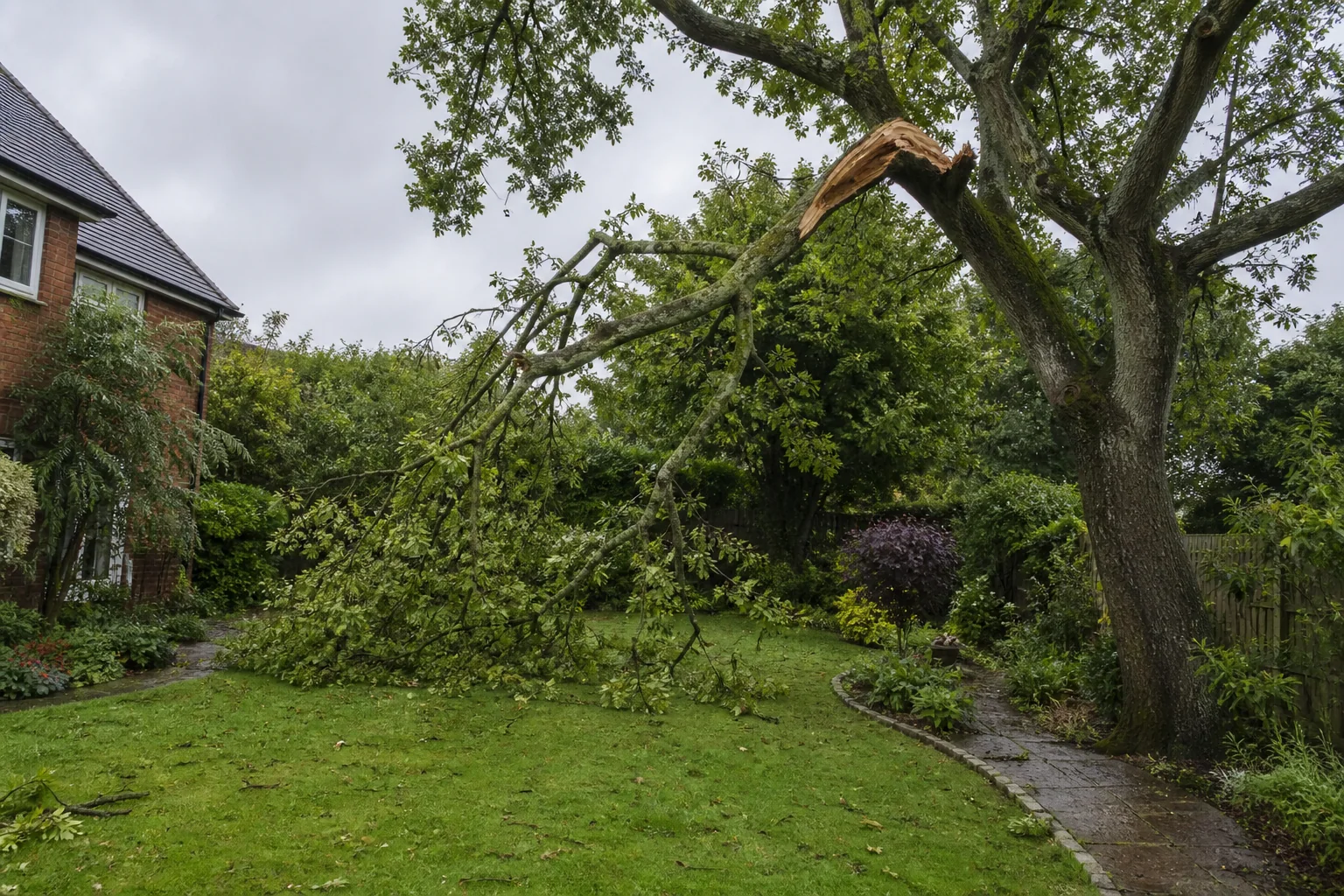 A large broken branch hangs in the crown of a mature garden tree after wet weather.