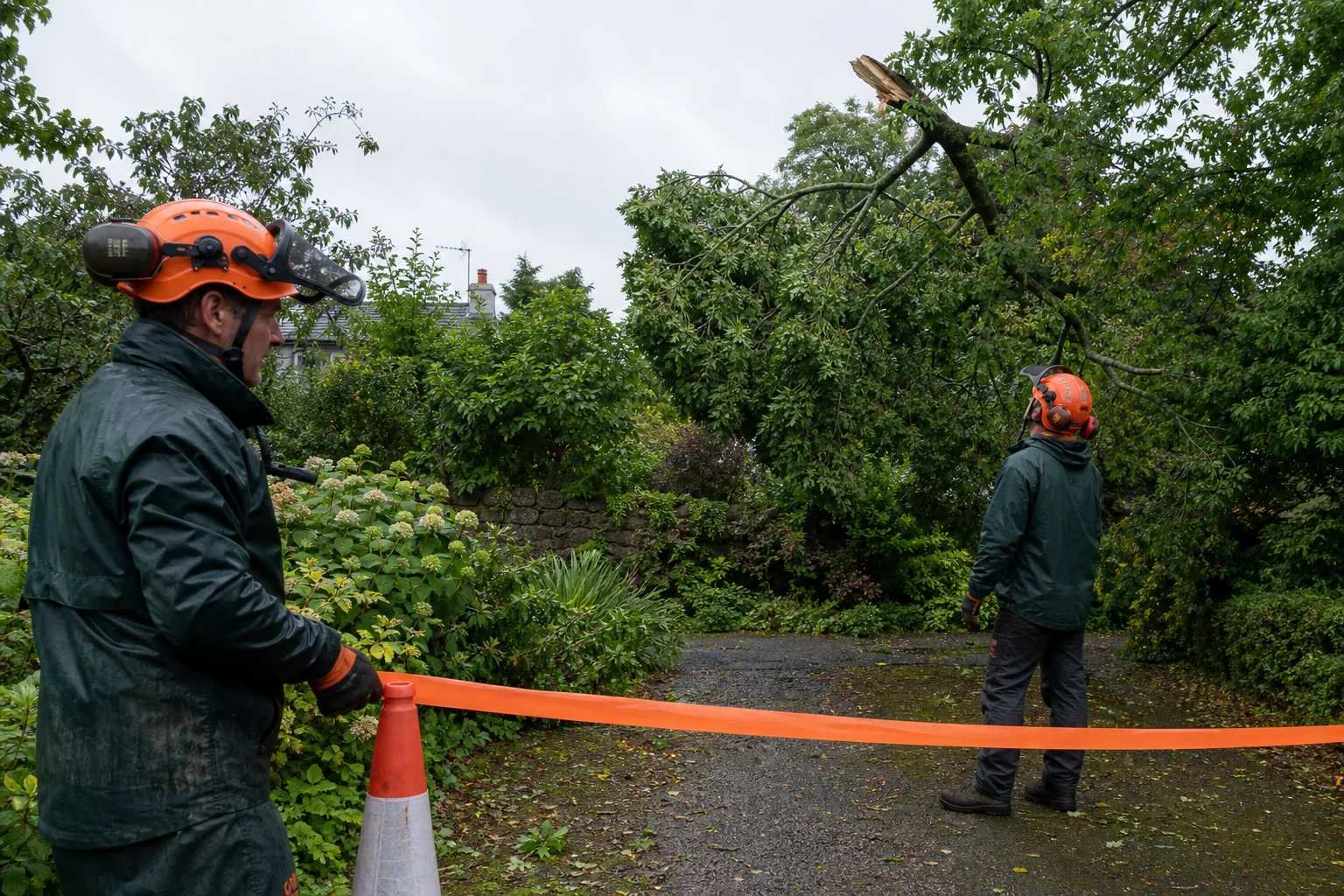 Two arborists assess a damaged tree from behind a temporary barrier.