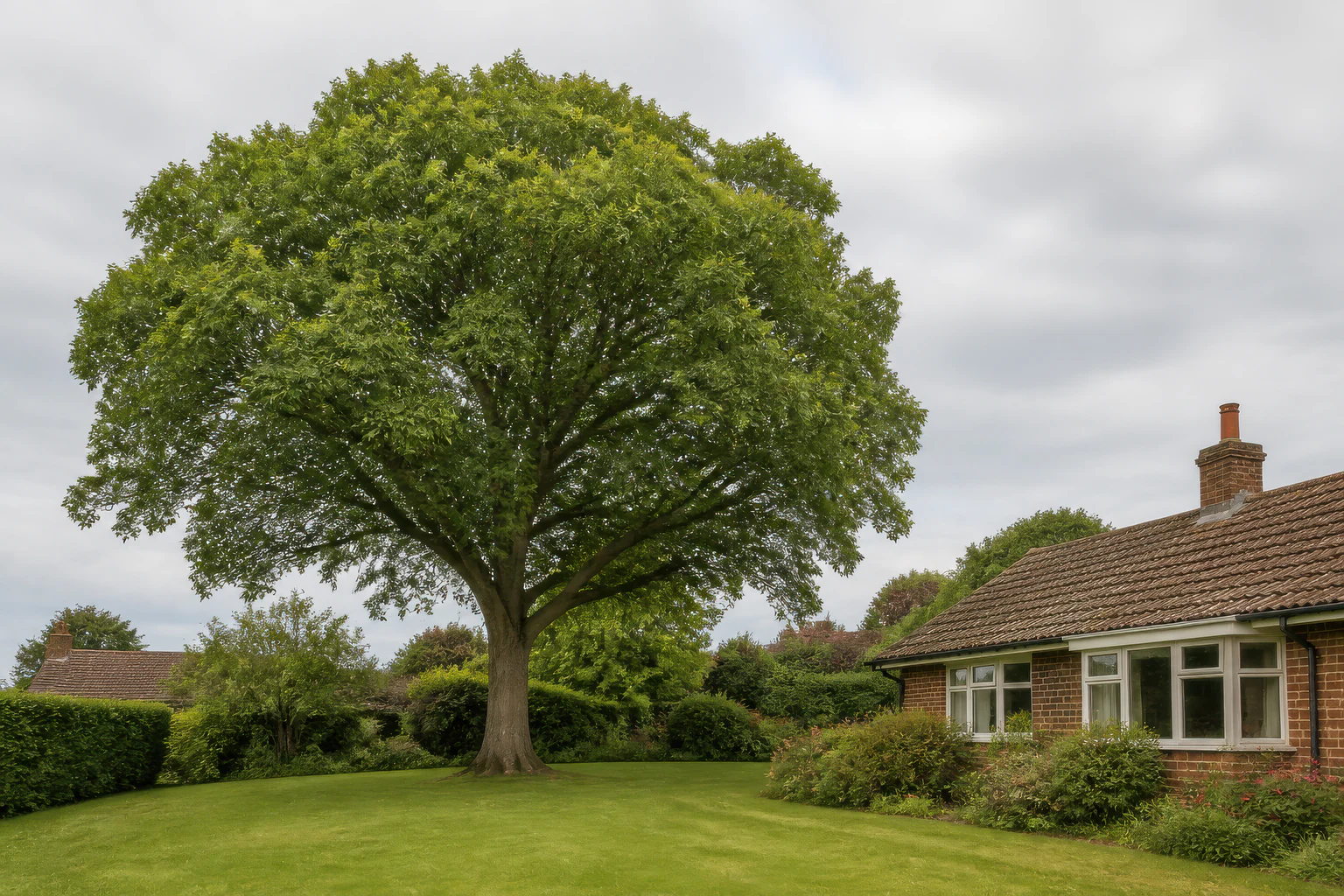 A mature broadleaf tree on a gently sloping lawn beside a brick bungalow and established garden borders.