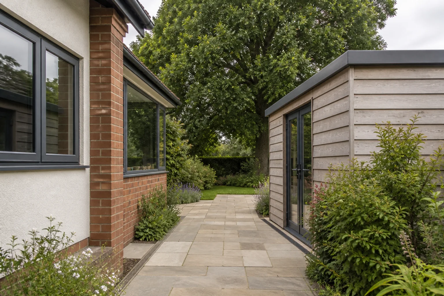 A paved garden route between a brick and rendered house extension and timber garden office with a mature tree beyond.