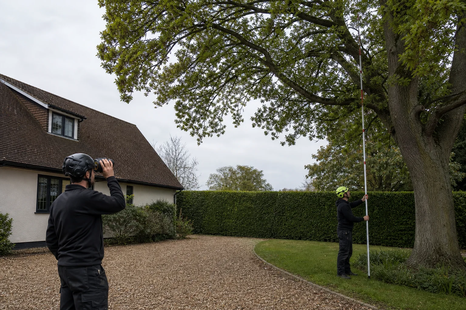 Two arborists measure a mature crown beside a drive and clipped hedge.