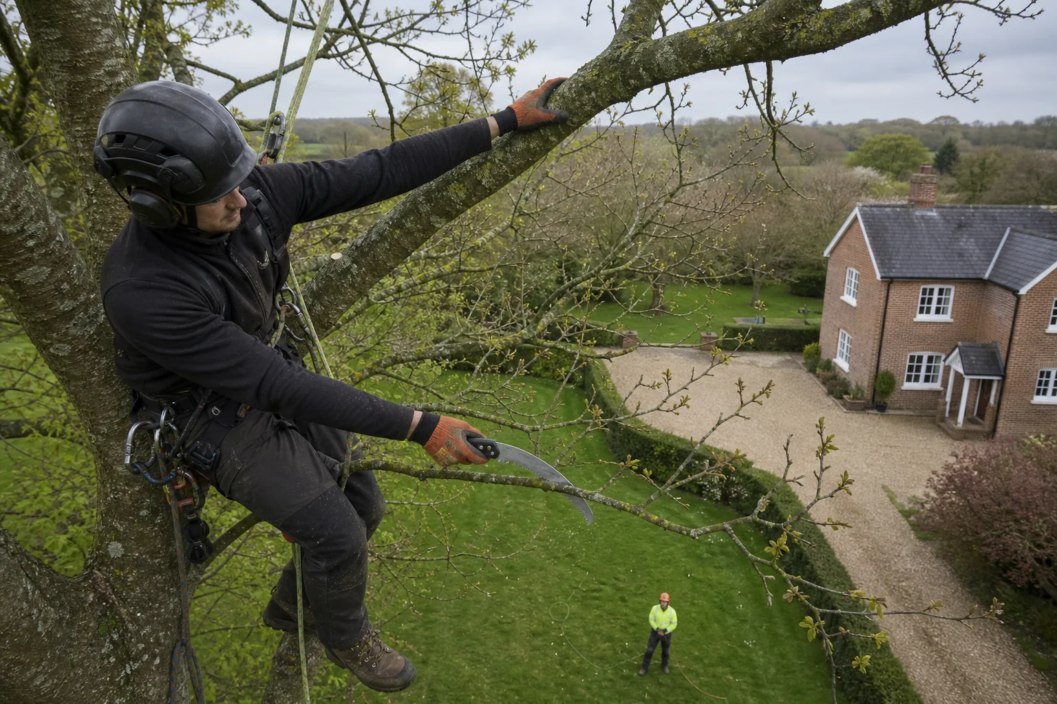 A rope-secured arborist makes a small hand-saw cut in an outer branch.