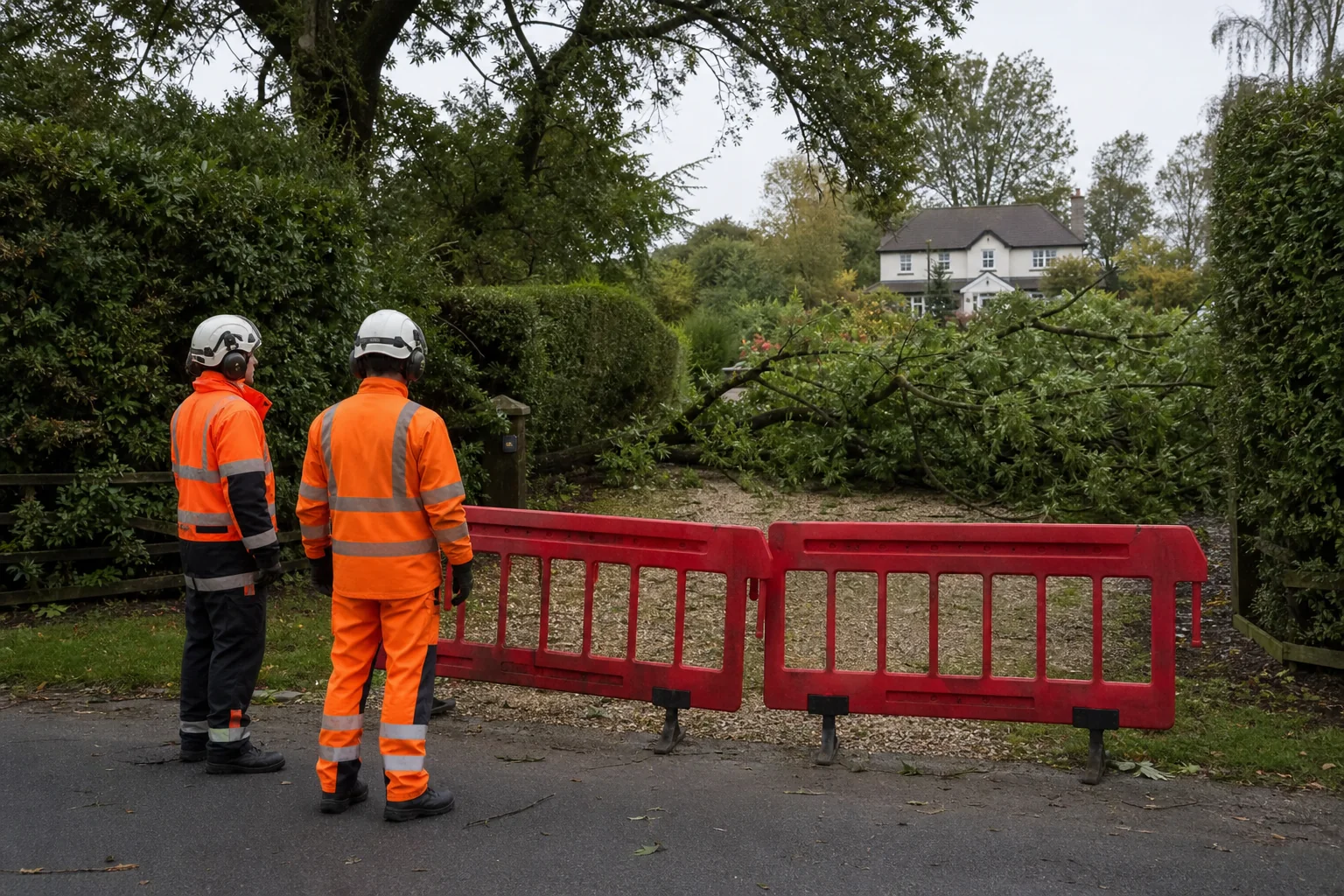 Two workers stand behind barriers at a drive blocked by a fallen branch.
