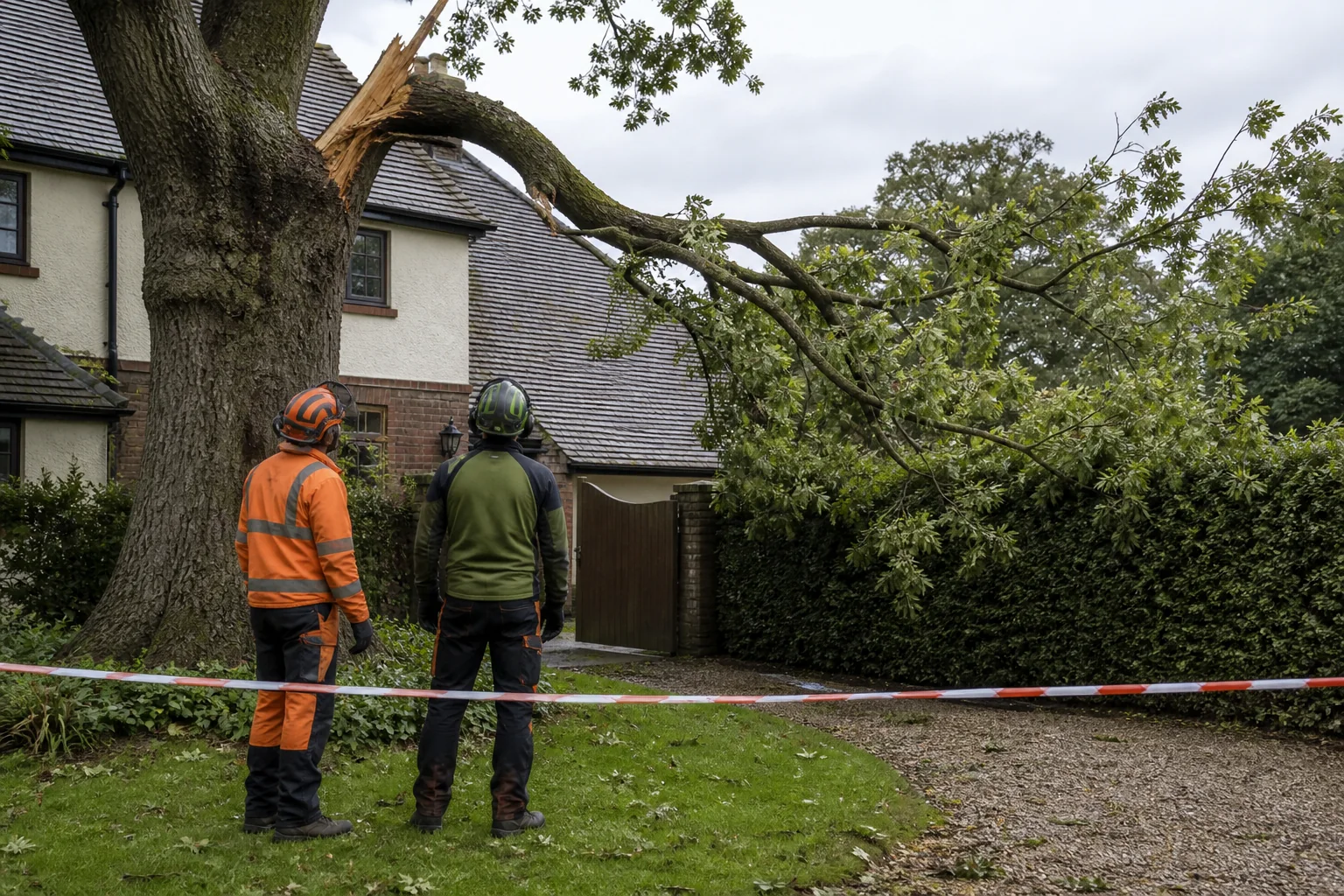 Two arborists assess a storm-split limb from behind an exclusion line.