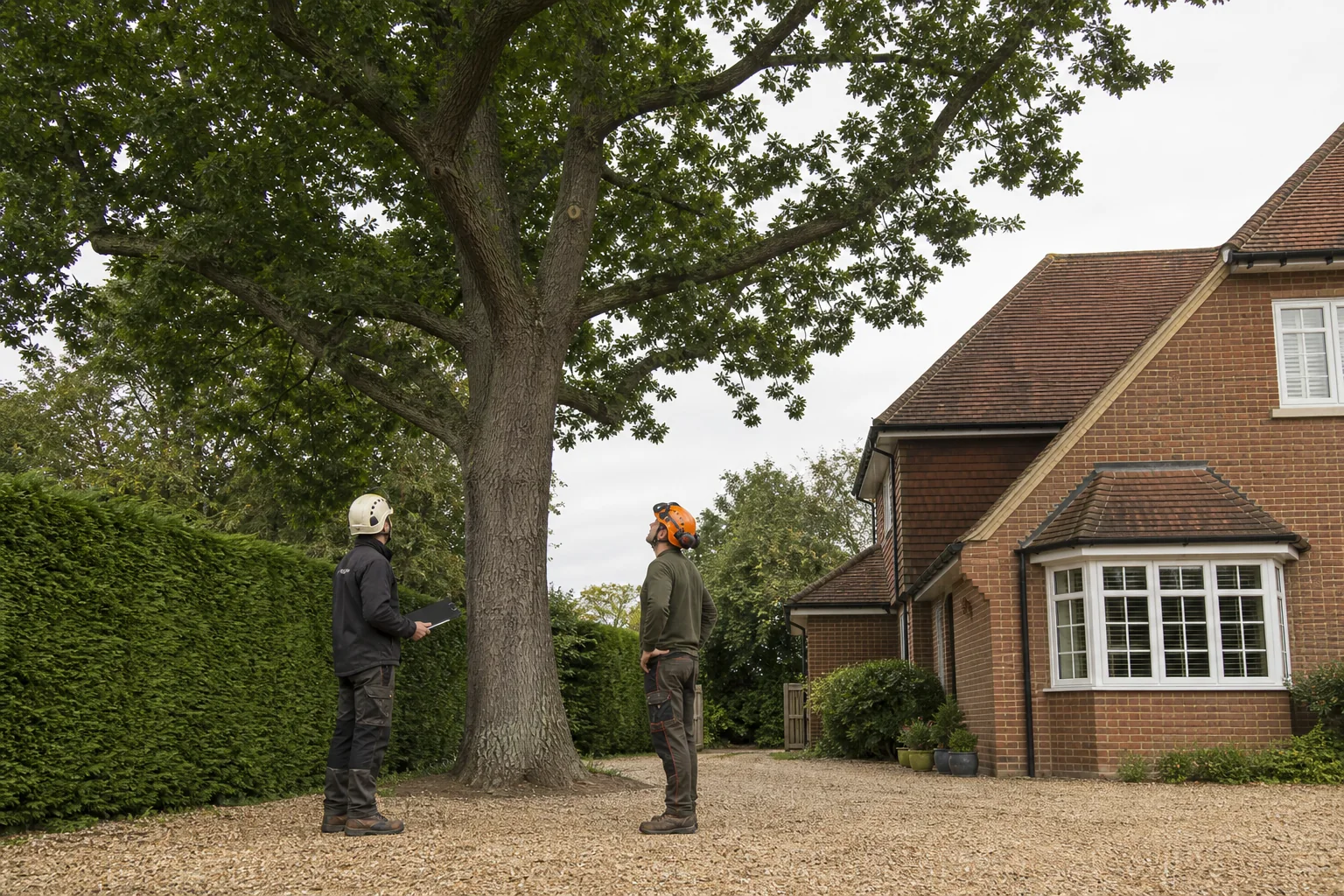 Two arborists assess a mature tree beside a detached home, drive and hedge.