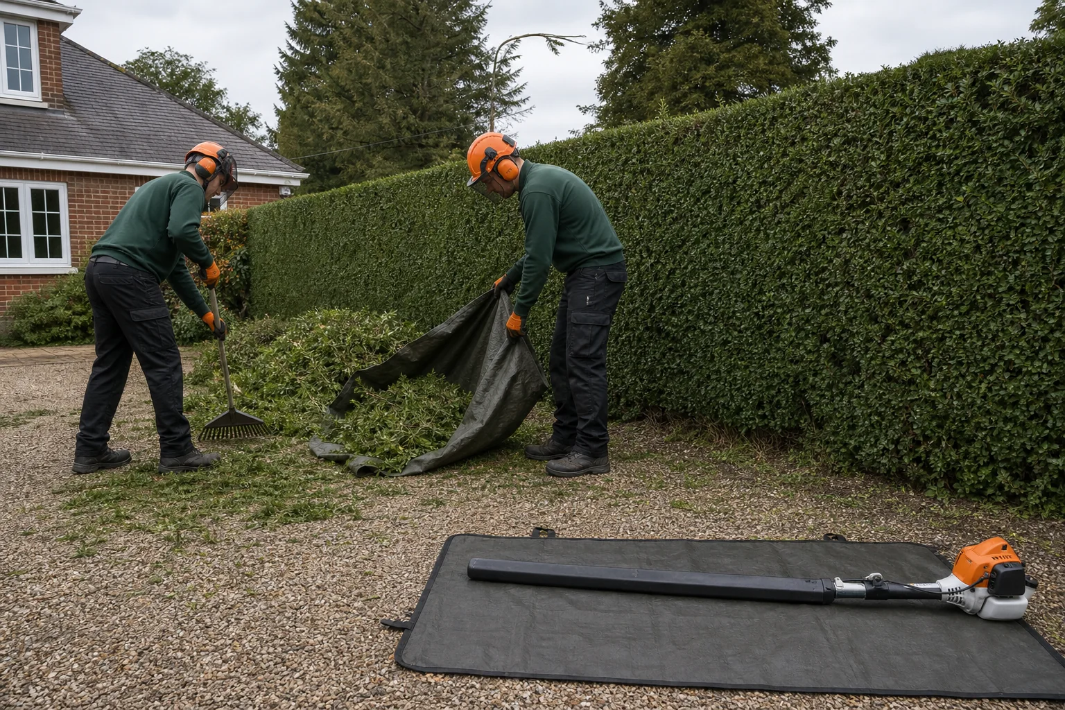Two workers gather hedge clippings from a gravel drive beside a trimmed hedge.
