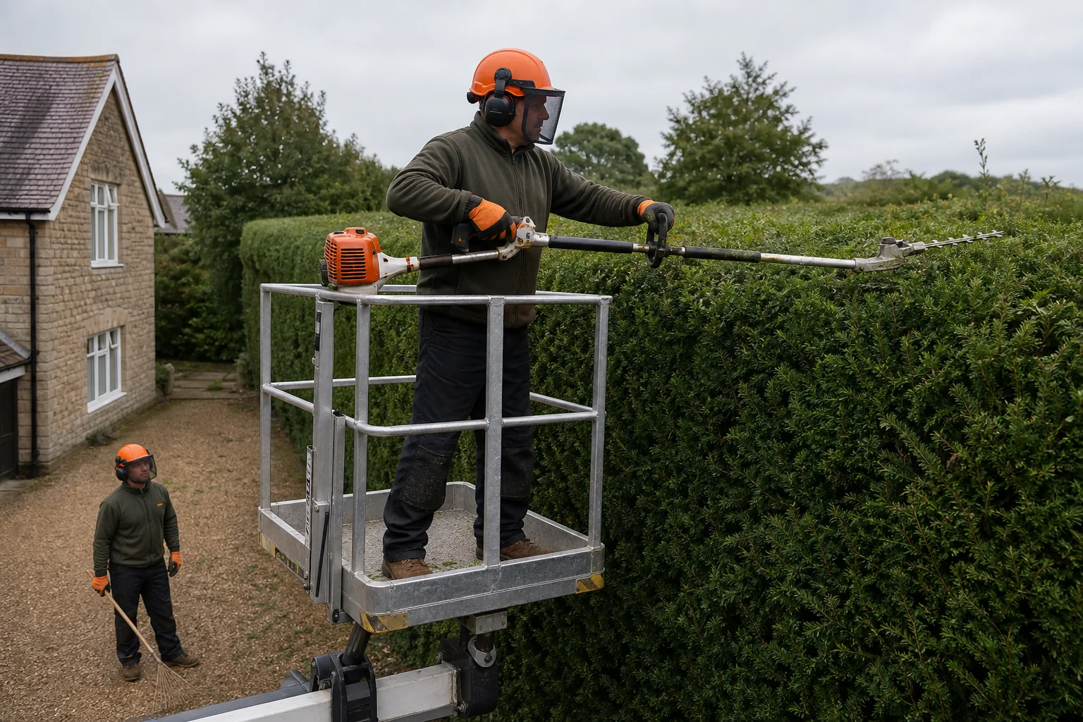 A worker trims a tall hedge with a petrol long-reach cutter from a guarded platform.
