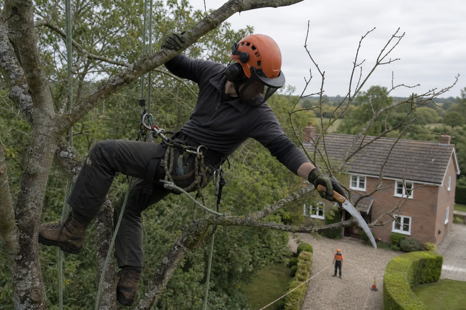 A rope-secured arborist uses a hand saw on a dead branch above a clear drive.