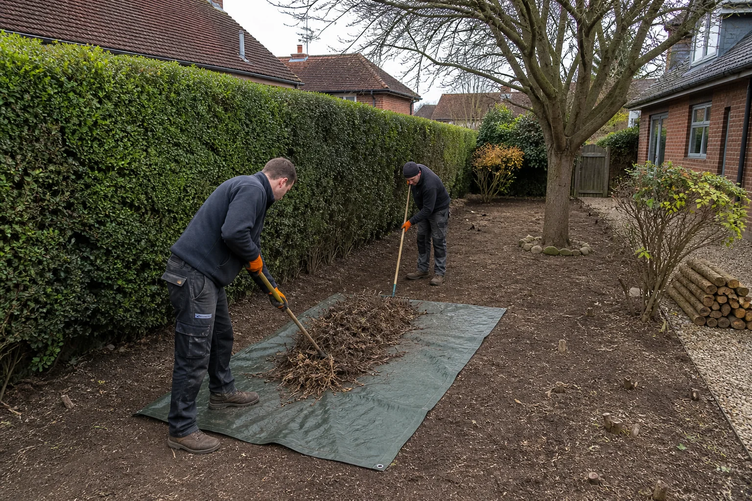 Two workers rake a cleared garden strip with a mature tree and hedge retained.