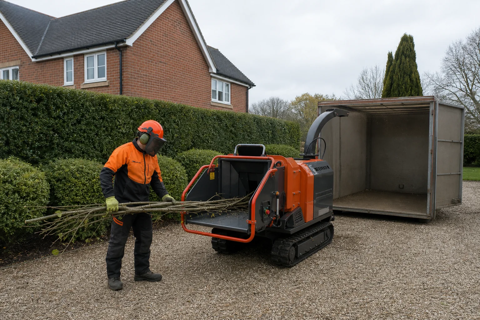 A worker feeds sorted scrub stems into a guarded tracked wood chipper.