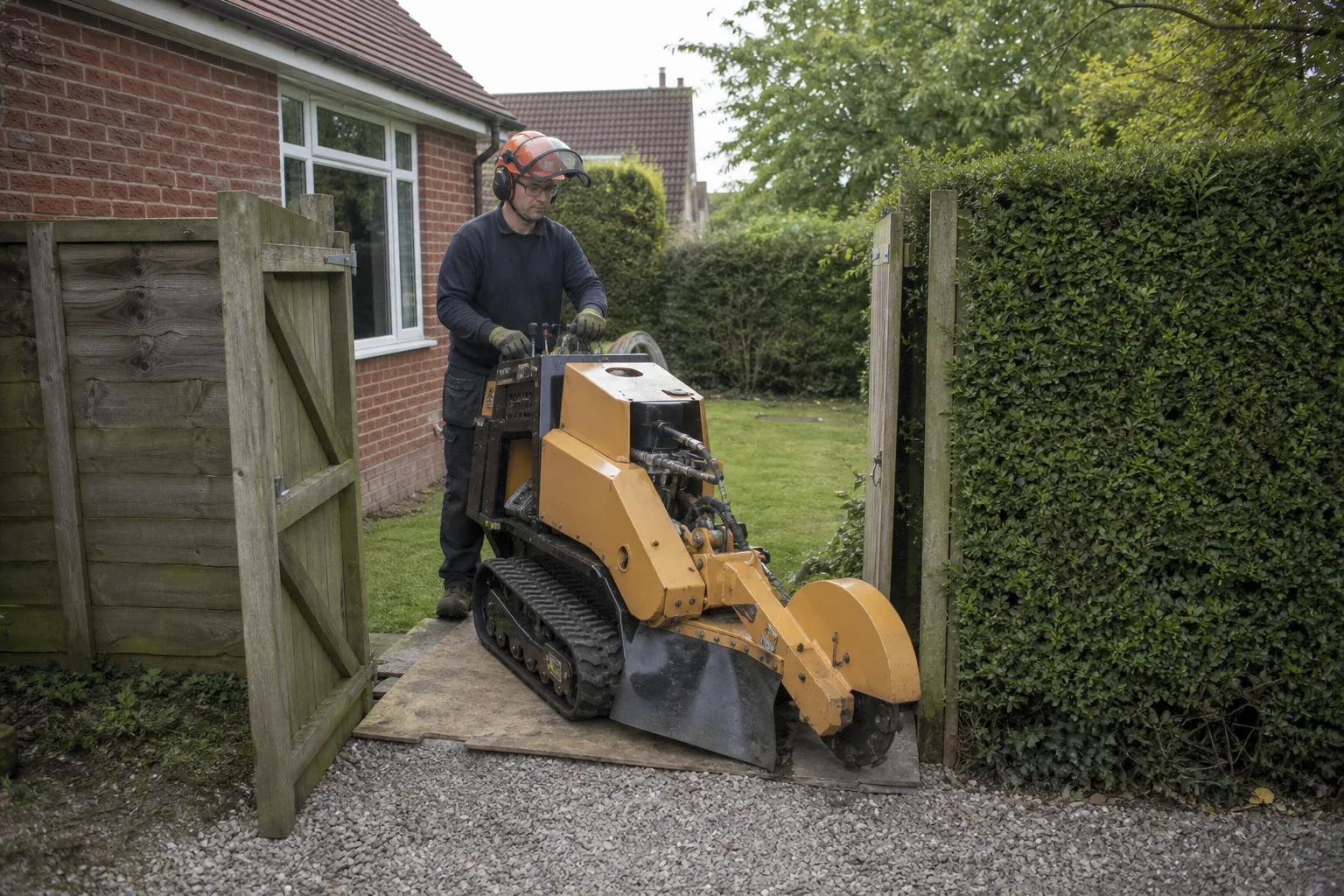 A worker guides a stopped stump grinder through a timber side gate.