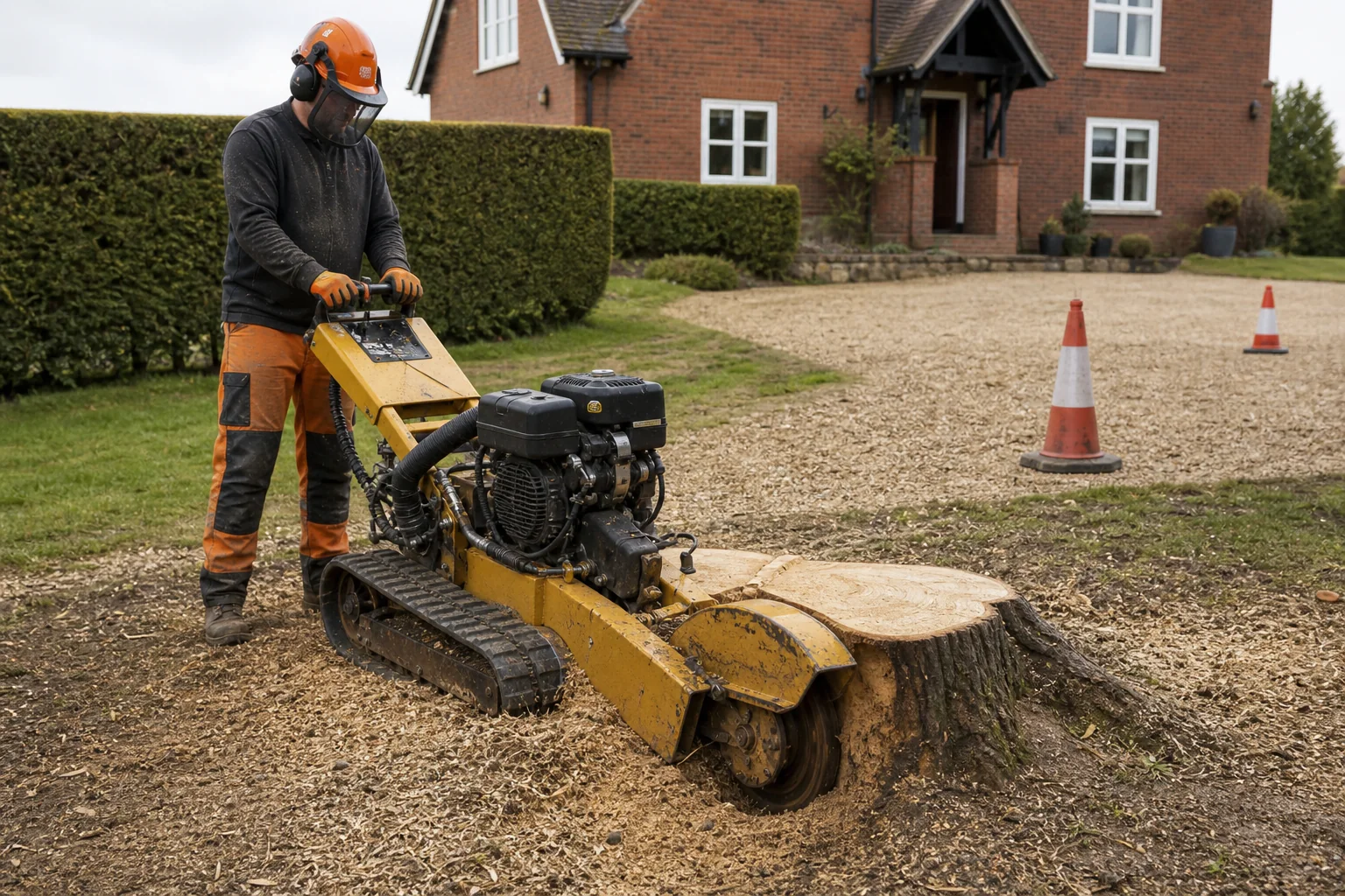 An operator uses a guarded tracked stump grinder beside a gravel drive.