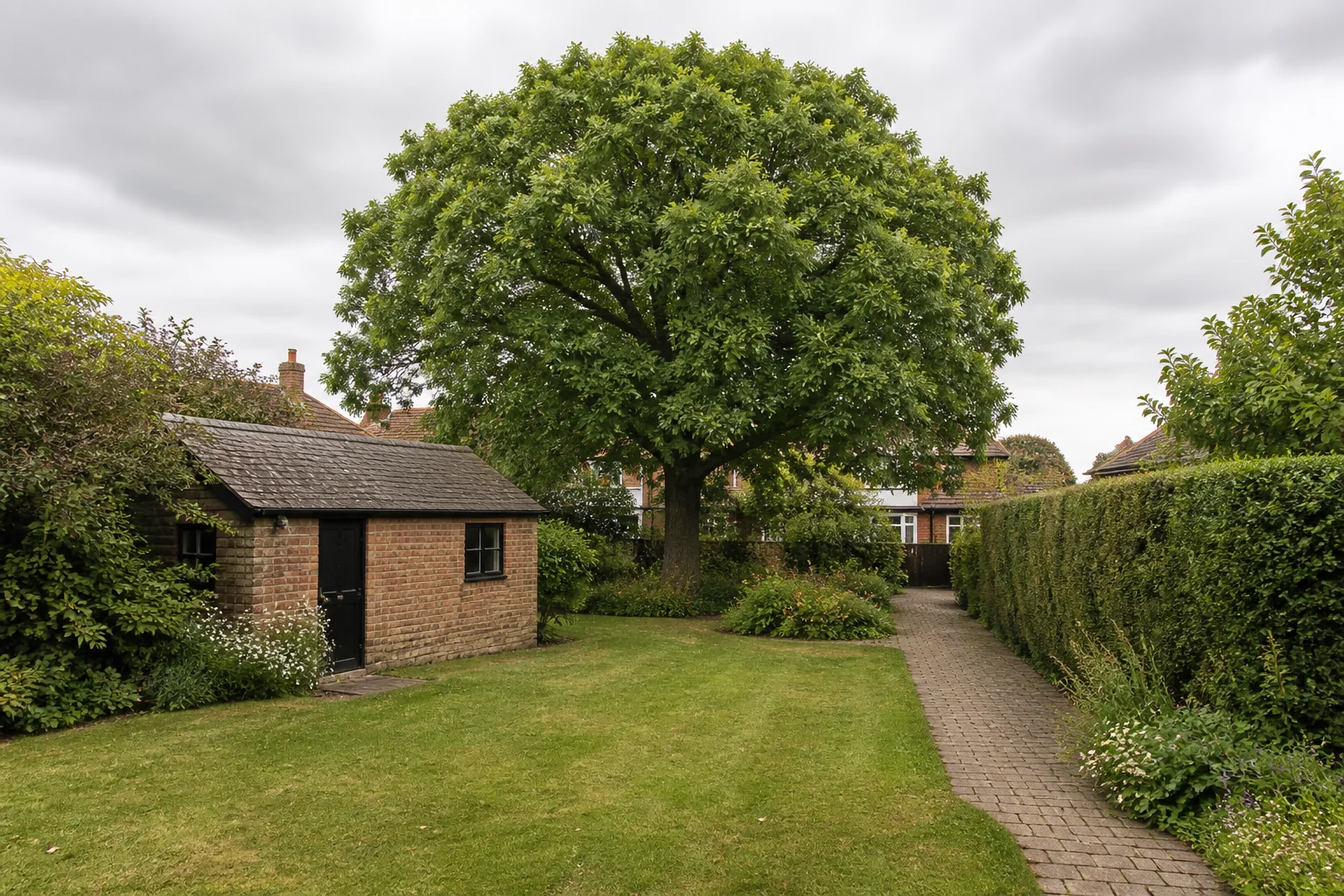 A mature broadleaf tree beside a brick outbuilding, hedges and a continuous paved garden route.
