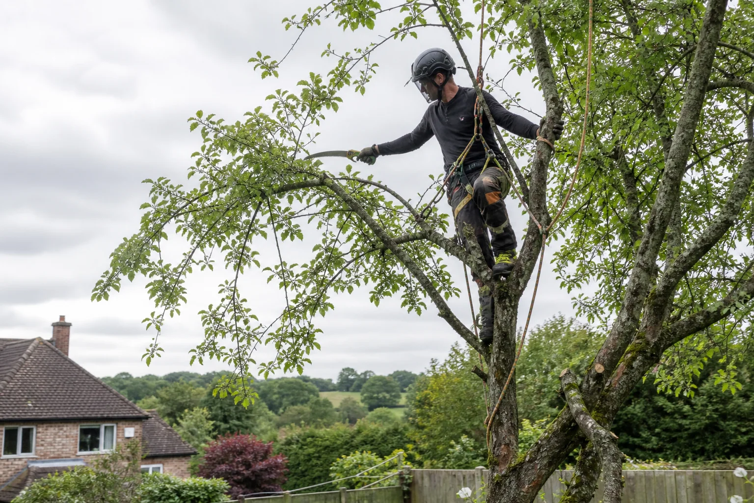 A gloved rope-secured arborist uses a hand saw on a small outer branch.
