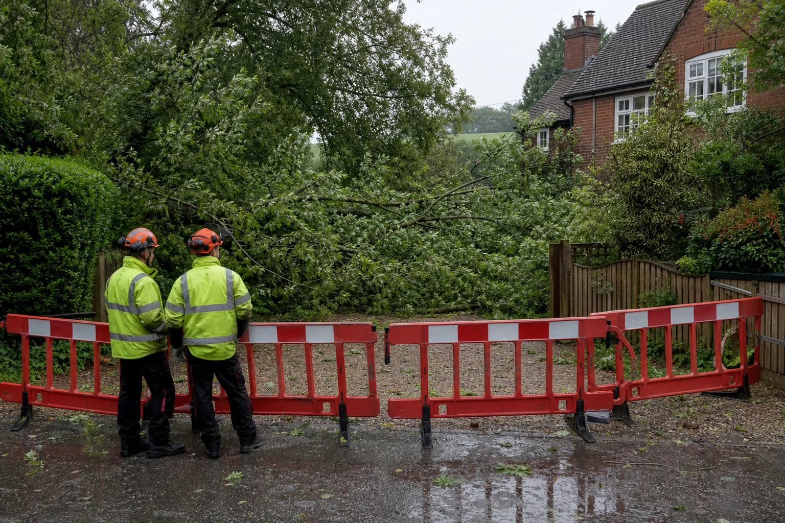 Two workers stand behind barriers at a gravel drive blocked by a fallen tree.