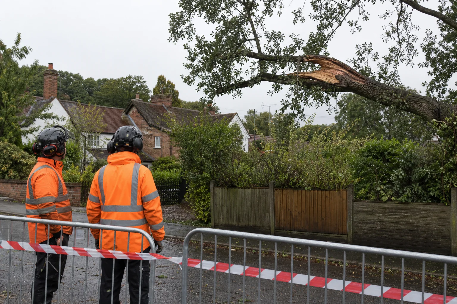 Two arborists assess a storm-split limb from behind roadside barriers.