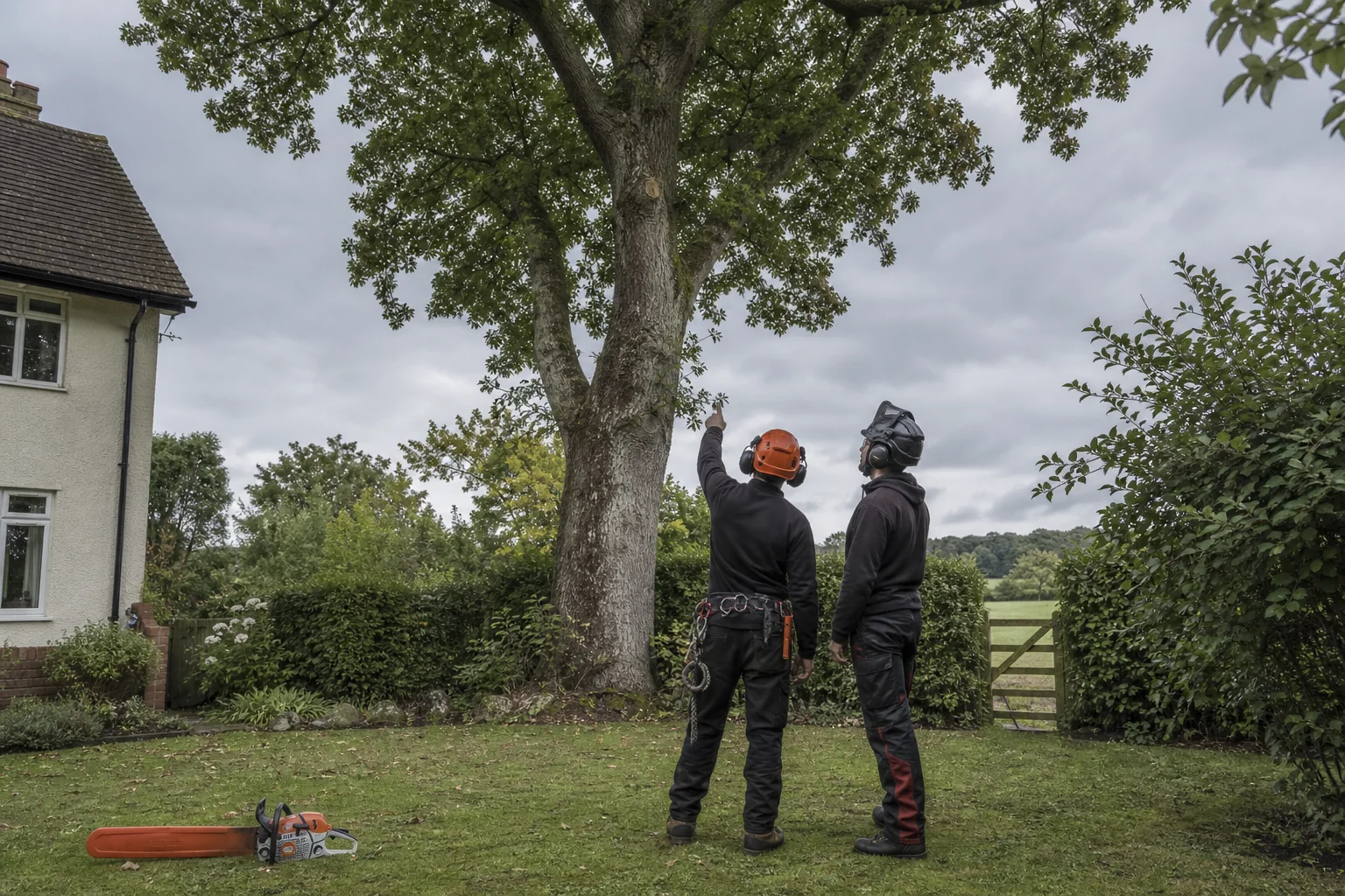 Two arborists assess a mature tree beside a cottage, hedge and field gate.