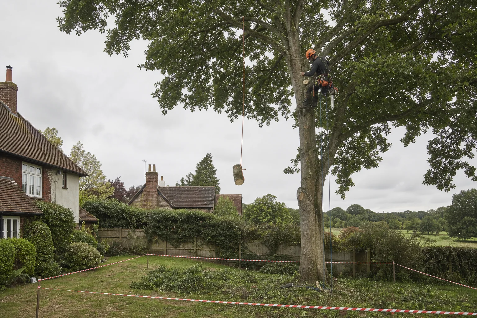 A rope-secured arborist lowers a short stem section above a barriered garden.