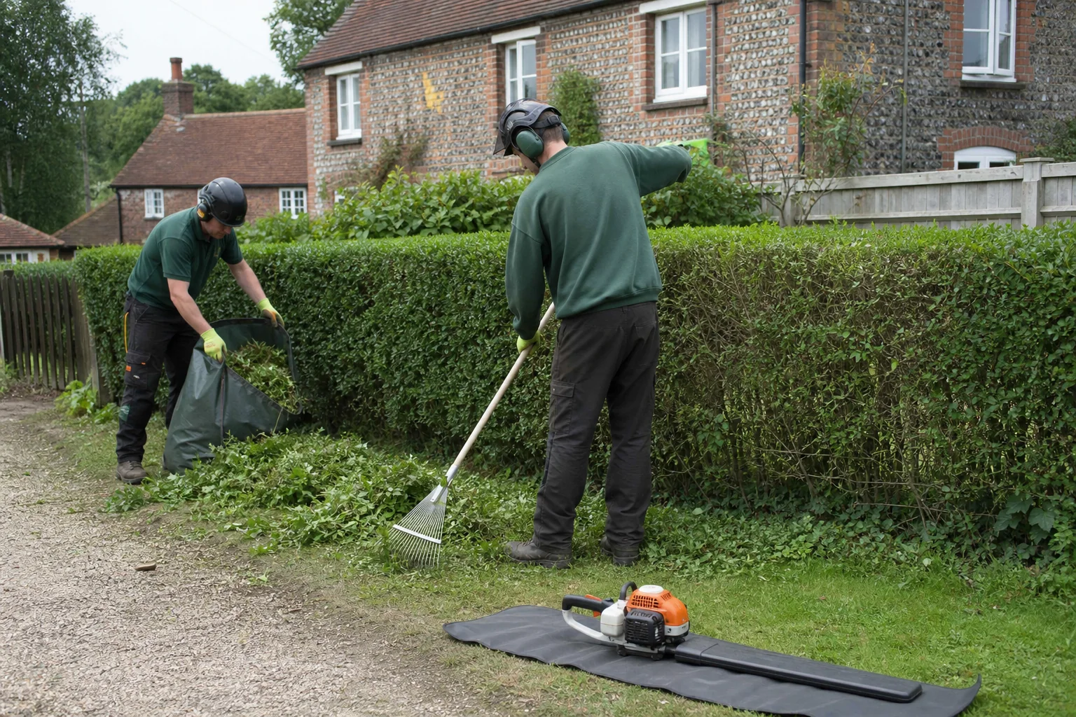 Two workers gather clippings beside a trimmed village hedge.