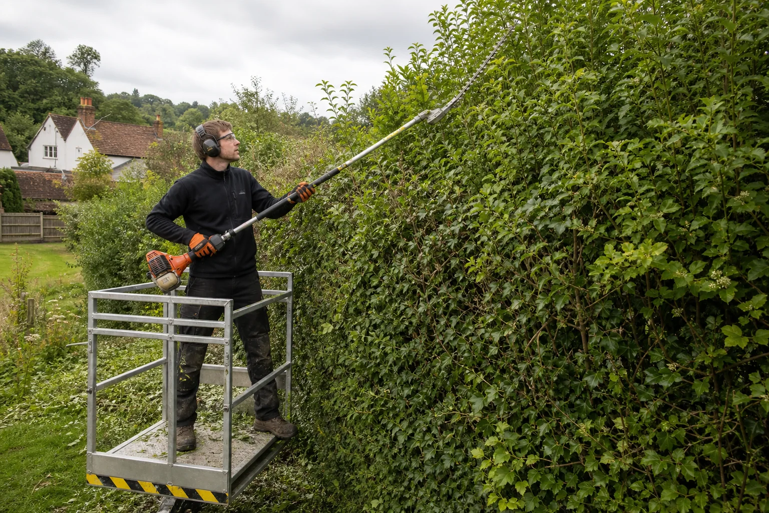 A worker uses a petrol long-reach hedge cutter from a guarded platform beside a mixed hedge.