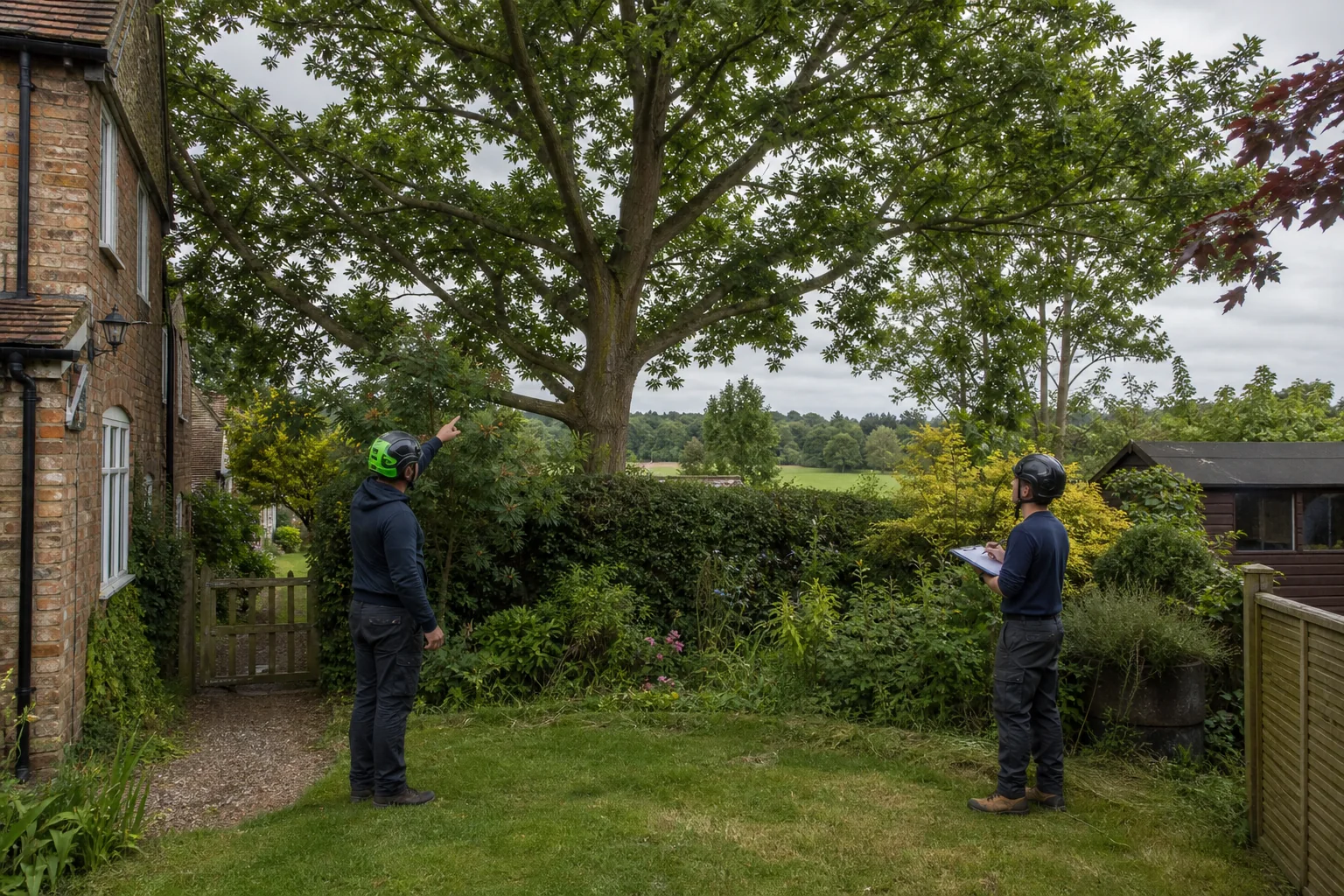 Two arborists assess a mature garden tree beside a cottage, side gate and hedge.