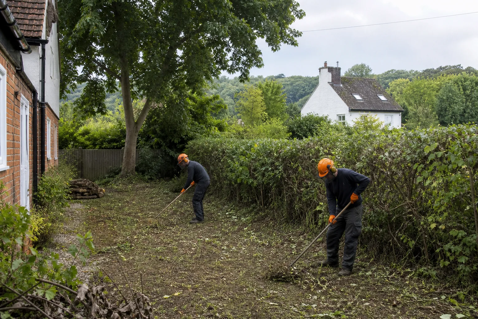 Two workers rake a cleared garden strip with a mature tree and hedge retained.