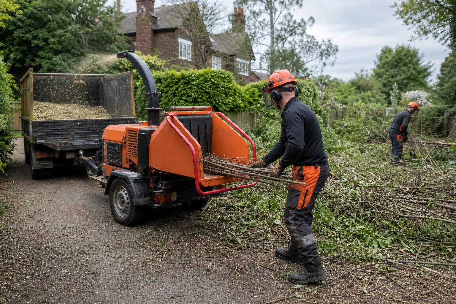 A worker feeds sorted scrub stems into a guarded chipper beside an enclosed chip box.