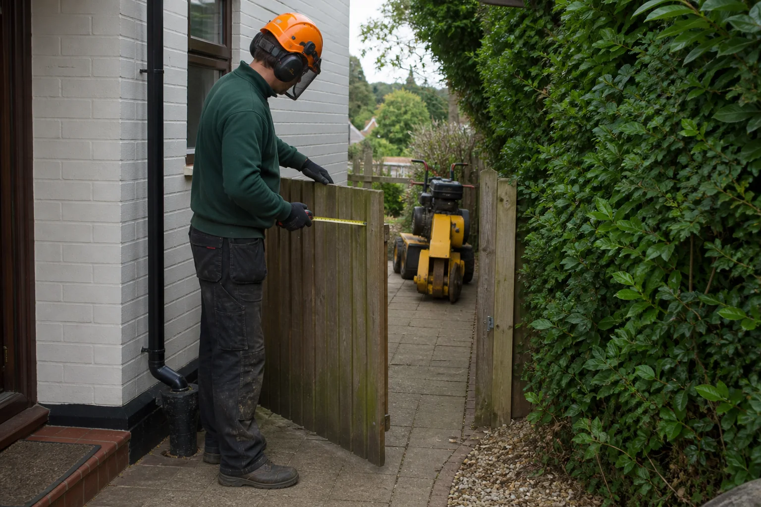 A worker measures a timber side gate with a stopped stump grinder parked beyond.