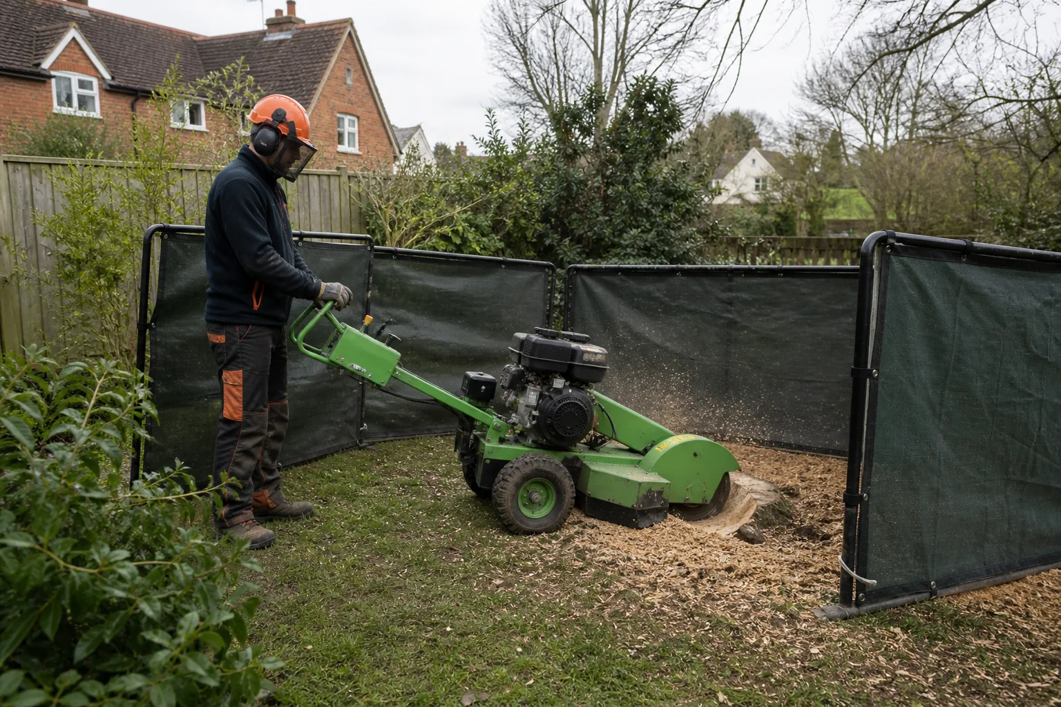 An operator uses a guarded pedestrian stump grinder inside debris screens.