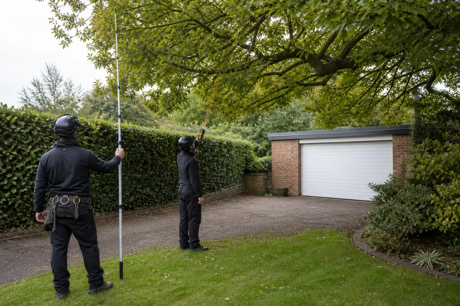 Two arborists measure a broad crown above a drive beside a brick garage.