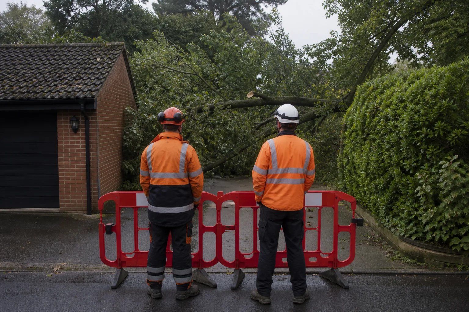 Two workers stand behind barriers at a driveway blocked by a fallen tree.