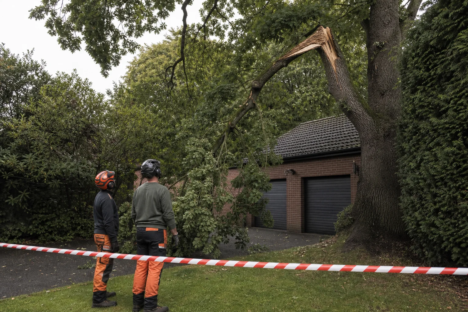 Two arborists assess a storm-split limb from behind an exclusion line.