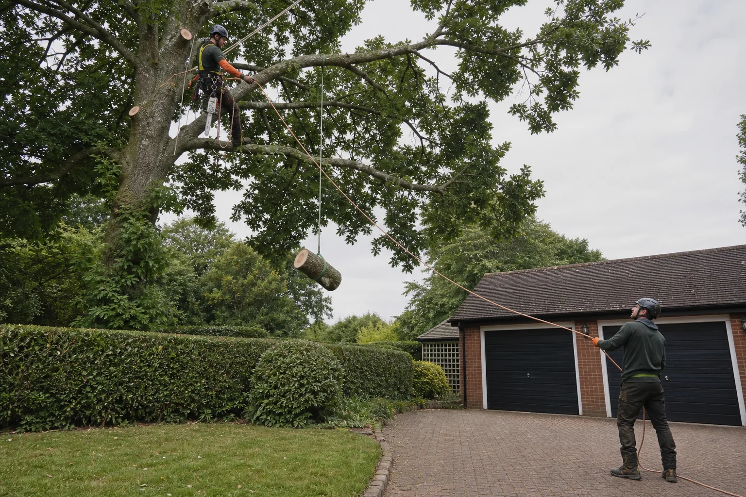 A rope-secured arborist lowers a short stem section above a clear drive.