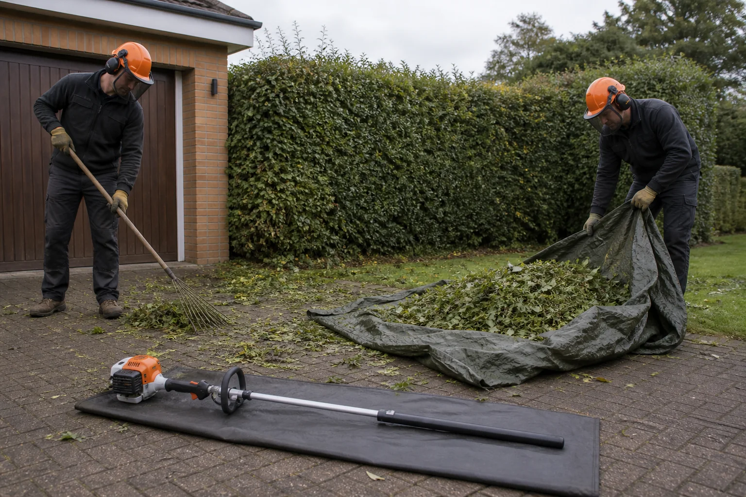 Two workers gather hedge clippings beside a garage and trimmed hedge.