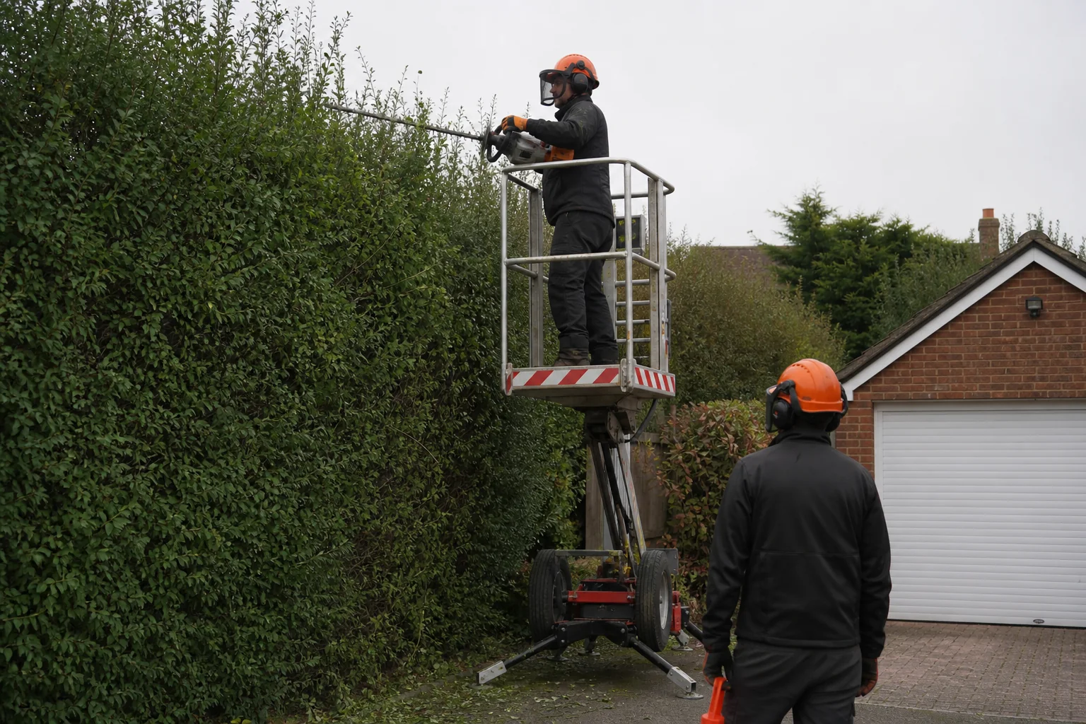 A worker uses a petrol hedge cutter from a guarded platform beside a garage.