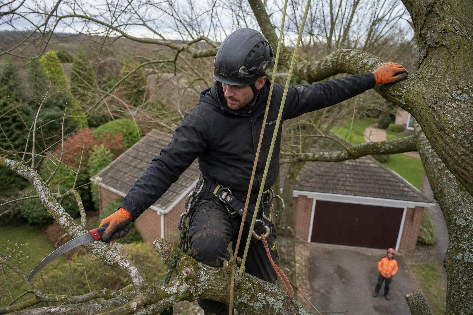 A gloved rope-secured arborist uses a hand saw on a small branch.