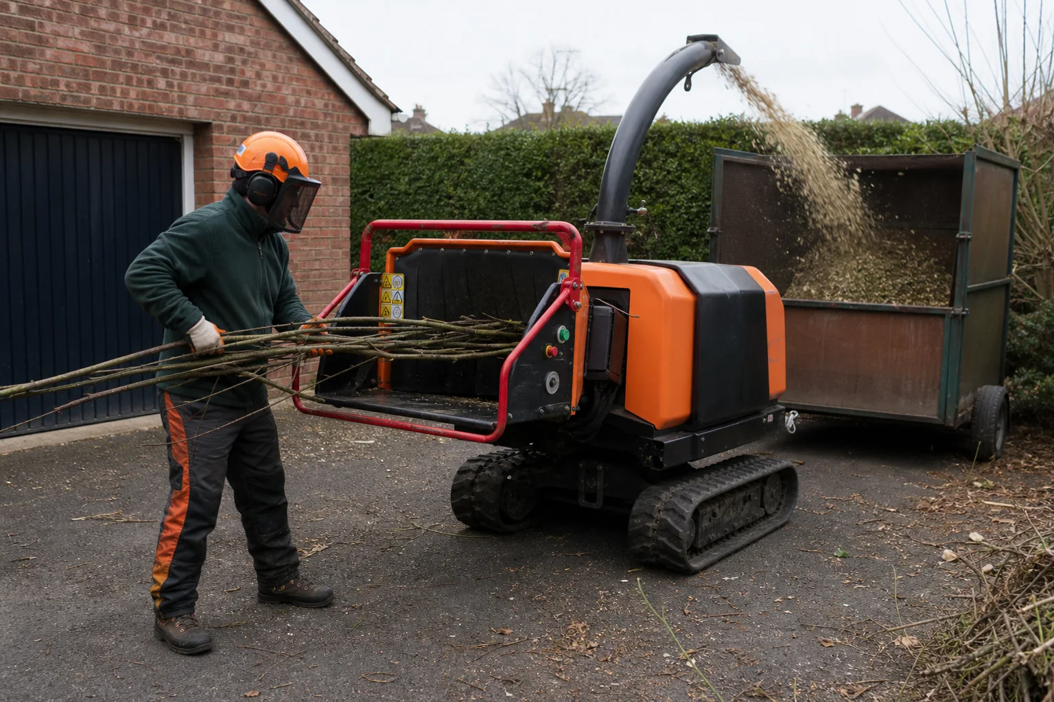 A worker feeds sorted scrub stems into a guarded chipper beside a garage.