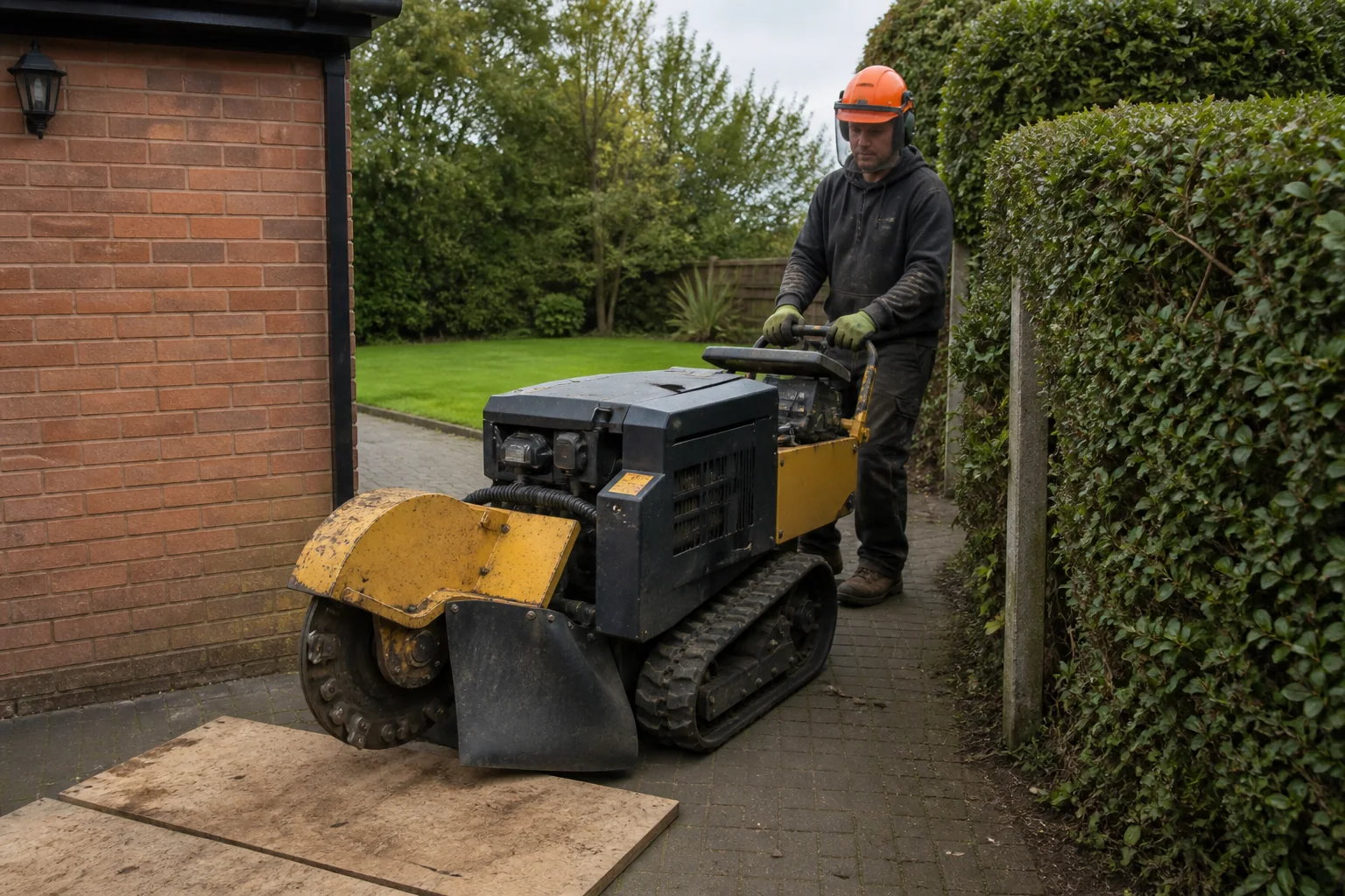 A worker guides a stopped stump grinder between a garage wall and hedge.