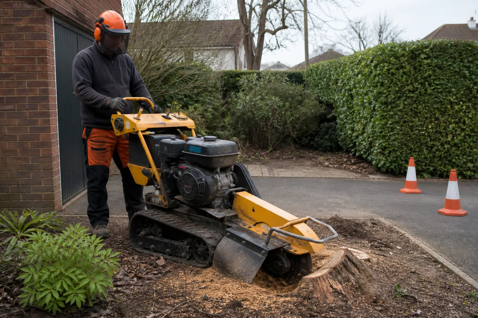 An operator uses a guarded tracked stump grinder beside a brick garage.
