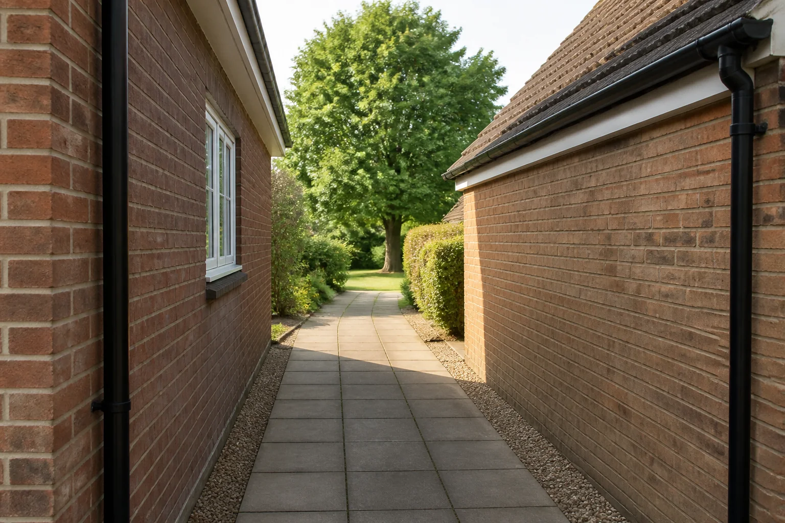 A mature broadleaf tree seen along a paved passage between an older brick house and separate garage.