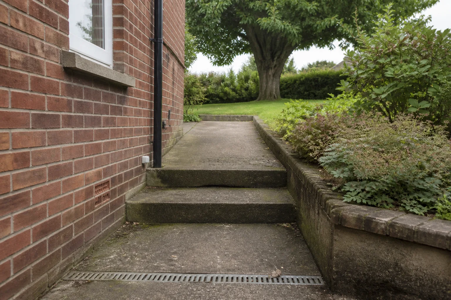 A worn concrete path rises by two shallow steps between a red-brick house and low planted retaining bed toward a mature tree.